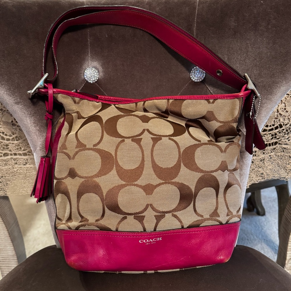 Coach Signature Hobo Shoulder Bag – Pink Leather Trim – Classic Logo Print